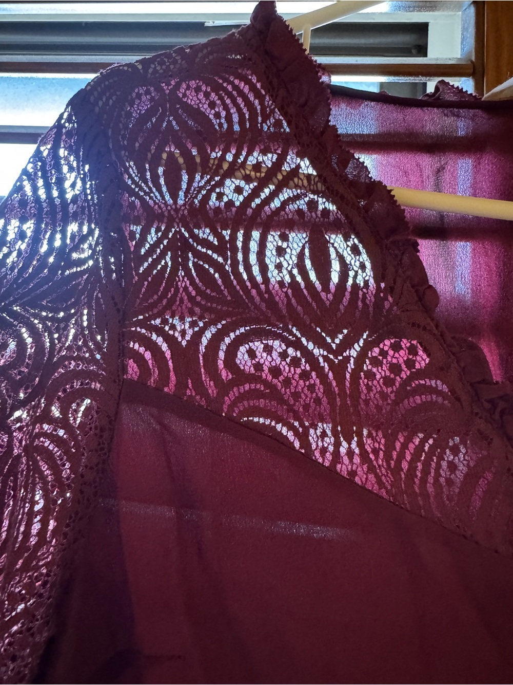 Sezane Silk Burgundy Lace-Trim Blouse - Picture 8 of 9